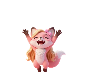 Bella, a rose-pink fox dressed up glamorously, cheering.