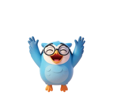 Byte, a blue owl with round glasses, cheering.