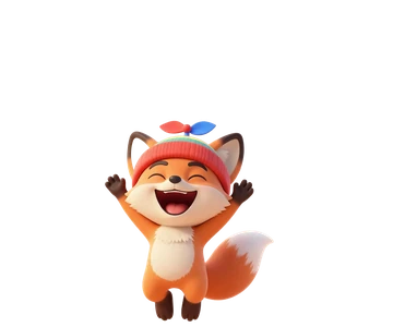 Noodle, an orange fox with a propeller cap, cheering.