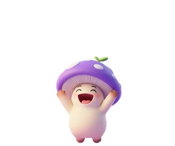 Pip, a purple mushroom sprite with a little sprout, laughing.