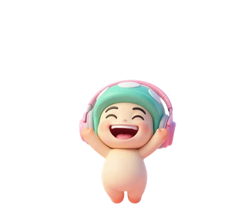 Tofu, a mint-green mushroom sprite with headphones, cheering.