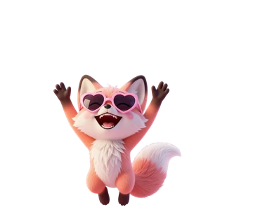 Ziggy, a pink fox in sunglasses, cheering.