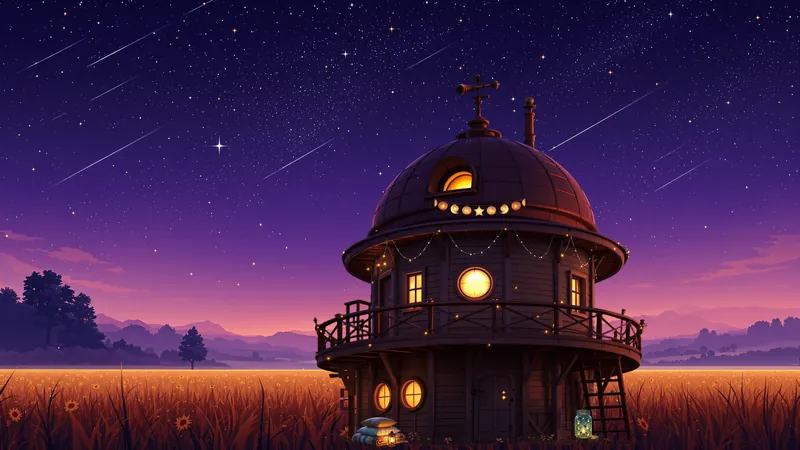 A round timber observatory with a domed roof in a field under a starry purple sky with shooting stars.