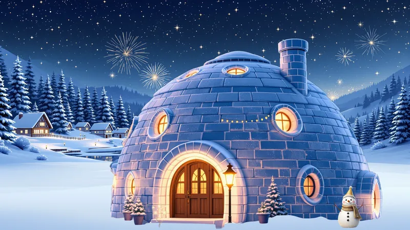 An igloo cafe in the snow under fireworks, with a snowman and pine trees.