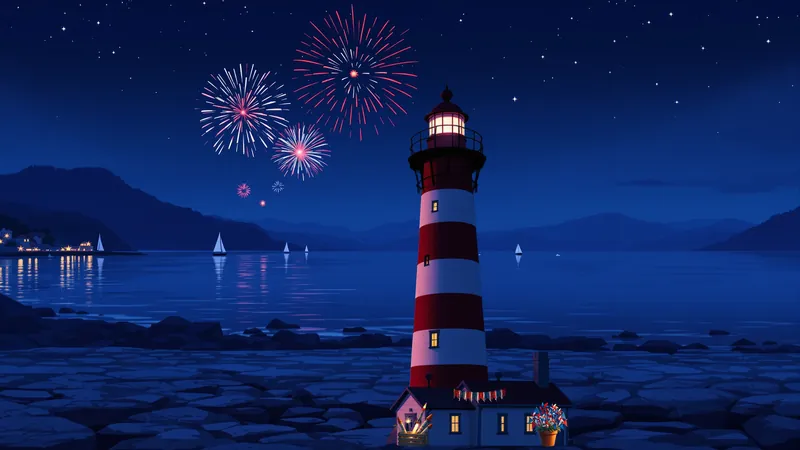 A red and white striped lighthouse on a rocky shore at night, with fireworks over the bay.
