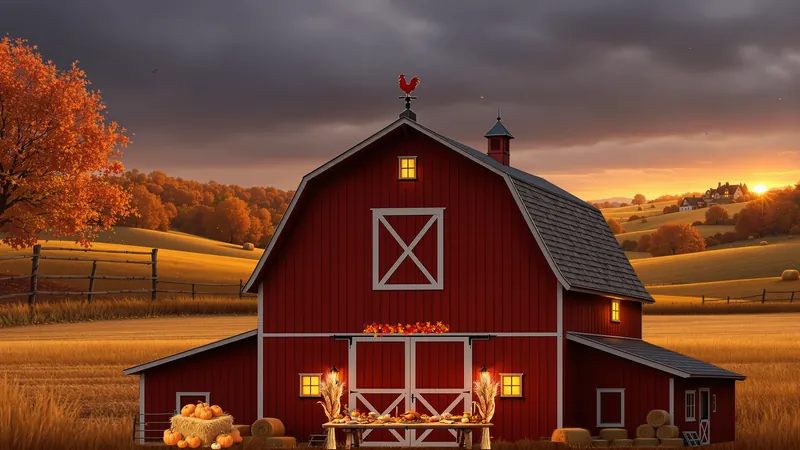 A big red barn in golden fields at sunset, with pumpkins and a feast table.